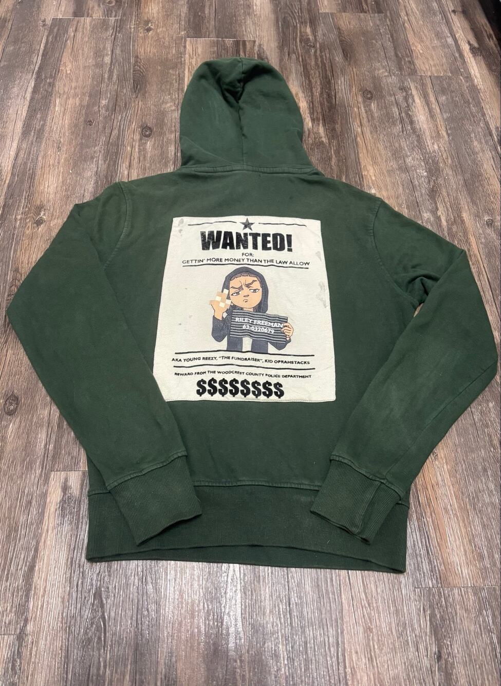 The Boondocks Wanted Poster Hoodie Dark Green Y2K Streetwear Anime Graphic